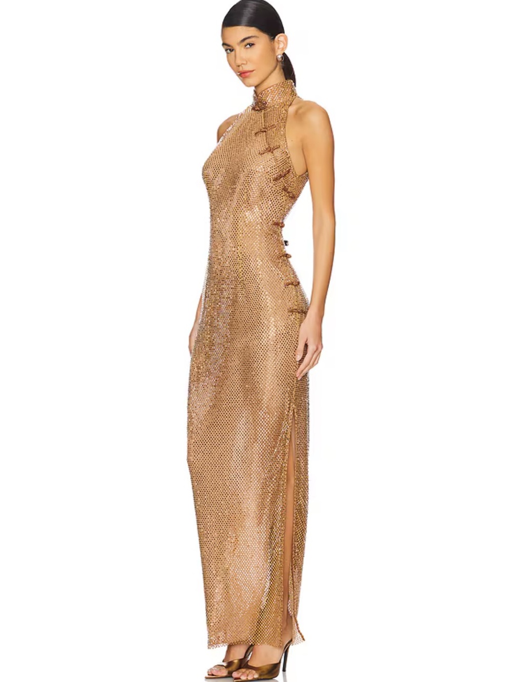 Sau Lee Shao Dress in Copper Maxi Rhinestone Fill Length Gown 0